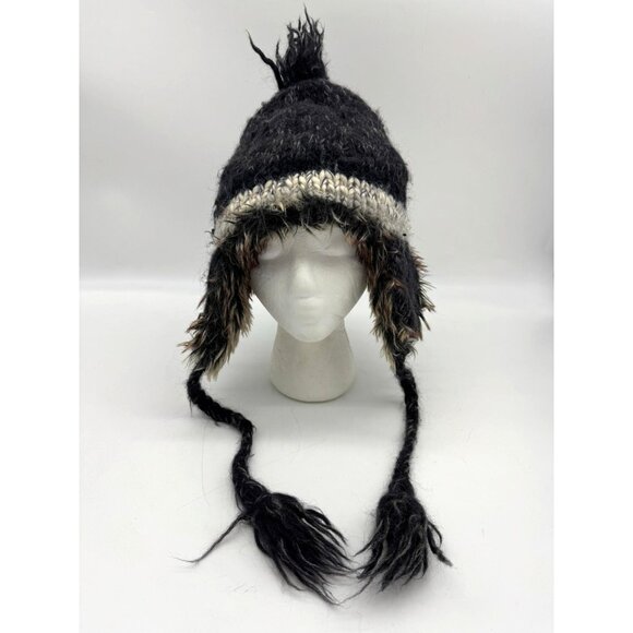 American Eagle Outfitters Trapper Hat With Faux Fur & Pom Pom Black/Gray Wool/Al - Picture 1 of 11